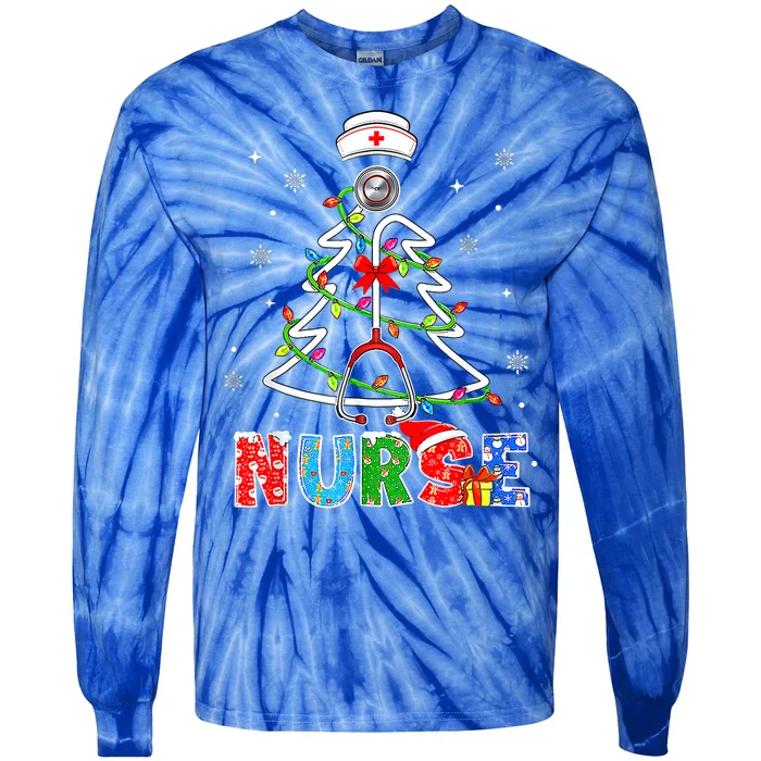 Nurse Stethoscope Christmas Tree Decorations Lights Gift Tie-Dye Long Sleeve Shirt