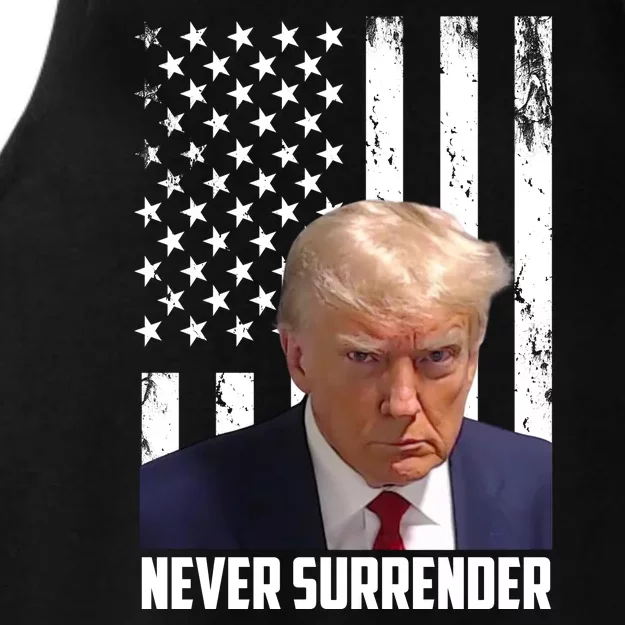 Never Surrender Donald Trump American Flag Mugshot Ladies Tri-Blend Wicking Tank