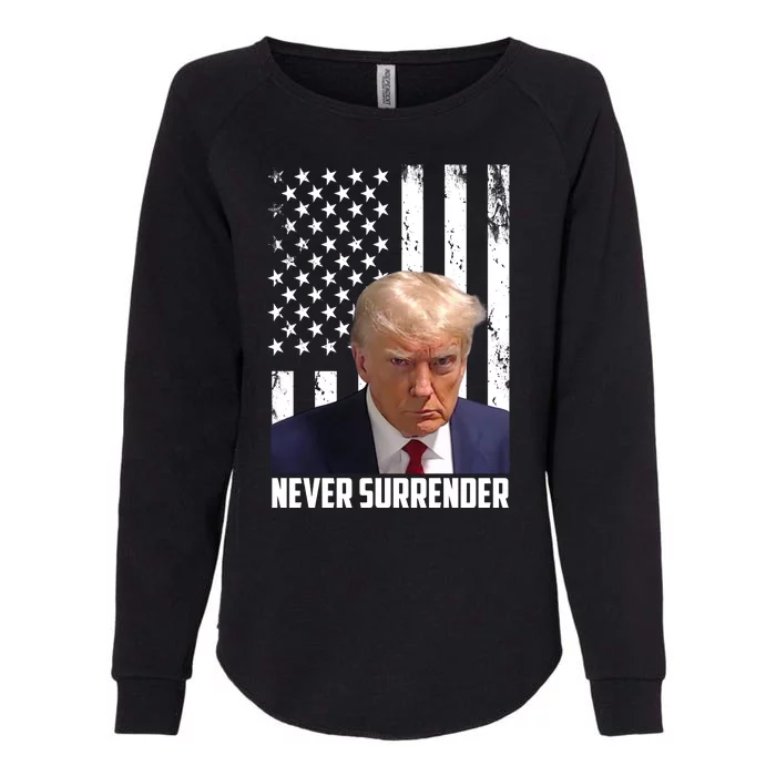 Never Surrender Donald Trump American Flag Mugshot Womens California Wash Sweatshirt