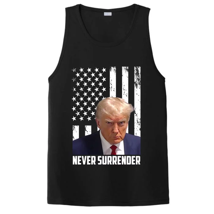 Never Surrender Donald Trump American Flag Mugshot Performance Tank