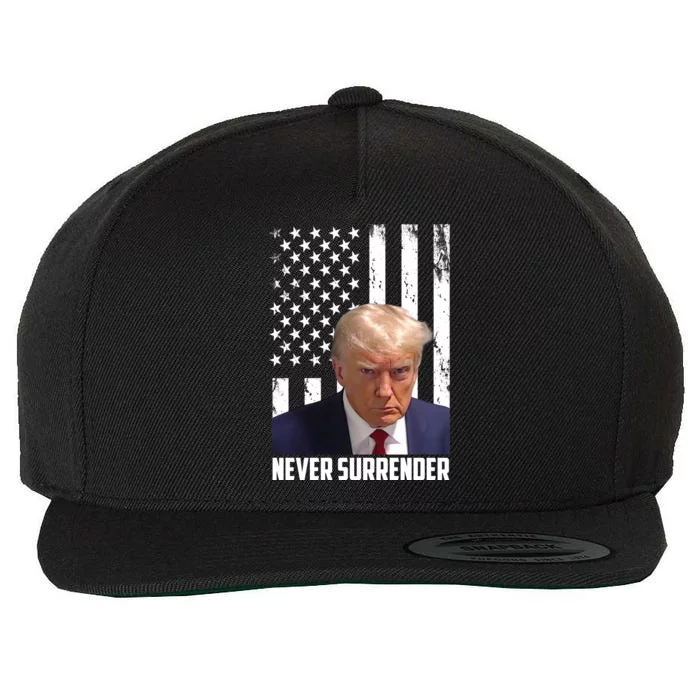 Never Surrender Donald Trump American Flag Mugshot Wool Snapback Cap