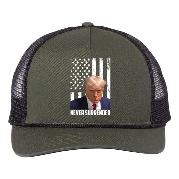 Never Surrender Donald Trump American Flag Mugshot Retro Rope Trucker Hat Cap