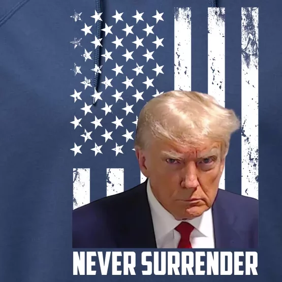 Never Surrender Donald Trump American Flag Mugshot Performance Fleece Hoodie