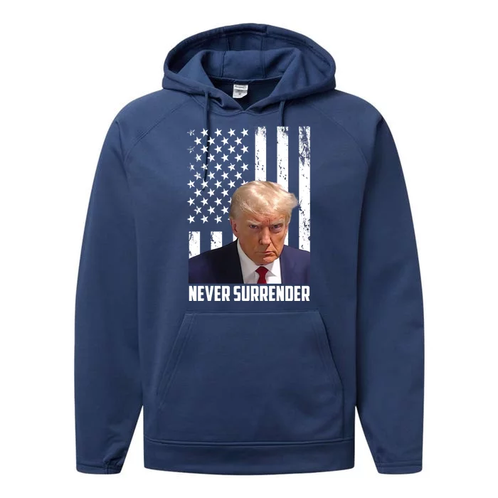 Never Surrender Donald Trump American Flag Mugshot Performance Fleece Hoodie