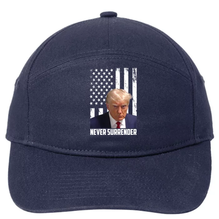 Never Surrender Donald Trump American Flag Mugshot 7-Panel Snapback Hat