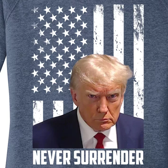 Never Surrender Donald Trump American Flag Mugshot Women's Perfect Tri Tunic Long Sleeve Shirt