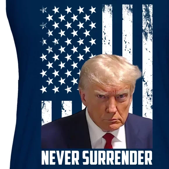 Never Surrender Donald Trump American Flag Mugshot Ladies Essential Flowy Tank