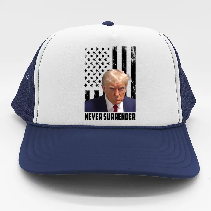 Never Surrender Donald Trump American Flag Mugshot Trucker Hat