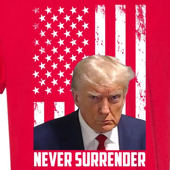 Never Surrender Donald Trump American Flag Mugshot Garment-Dyed Heavyweight T-Shirt