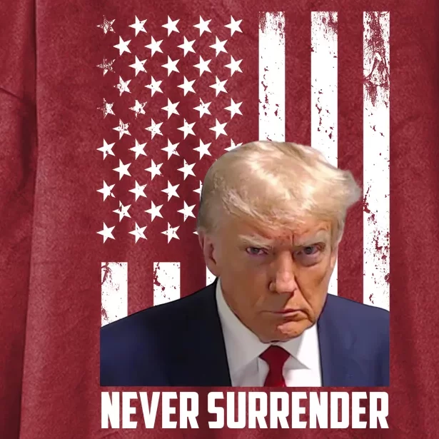 Never Surrender Donald Trump American Flag Mugshot Hooded Wearable Blanket