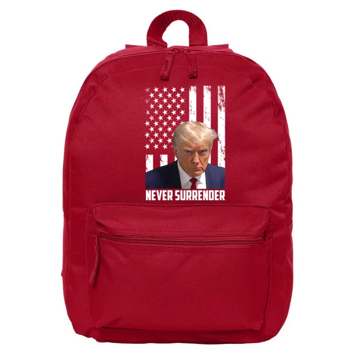 Never Surrender Donald Trump American Flag Mugshot 16 in Basic Backpack