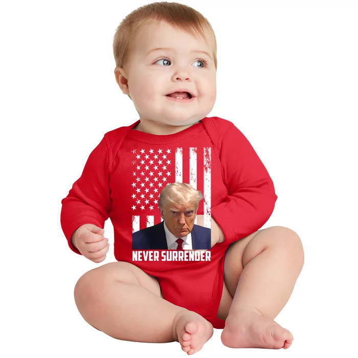 Never Surrender Donald Trump American Flag Mugshot Baby Long Sleeve Bodysuit