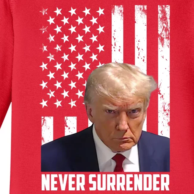 Never Surrender Donald Trump American Flag Mugshot Baby Long Sleeve Bodysuit