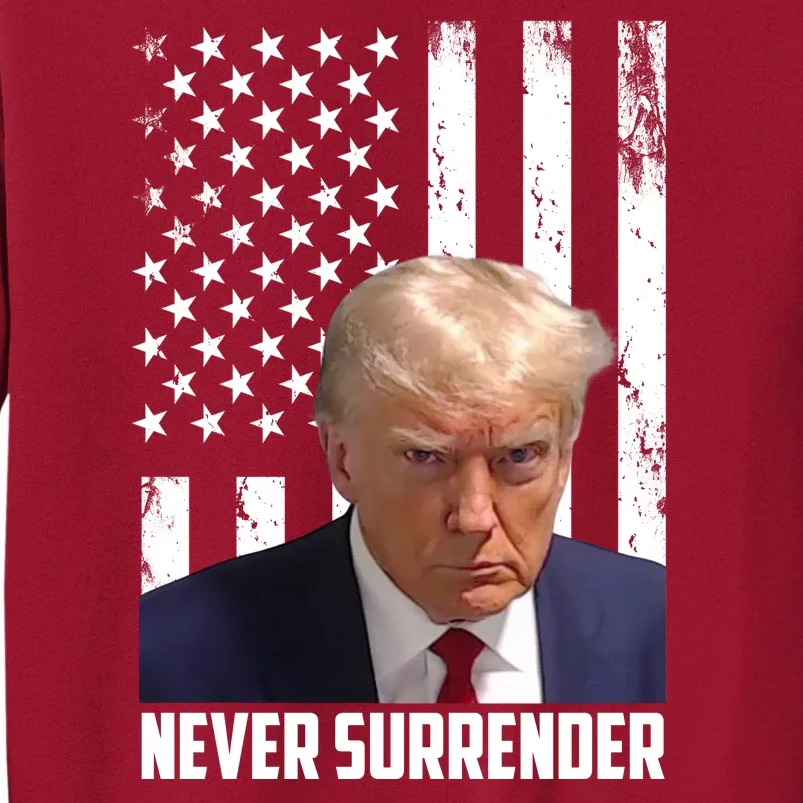 Never Surrender Donald Trump American Flag Mugshot Tall Sweatshirt