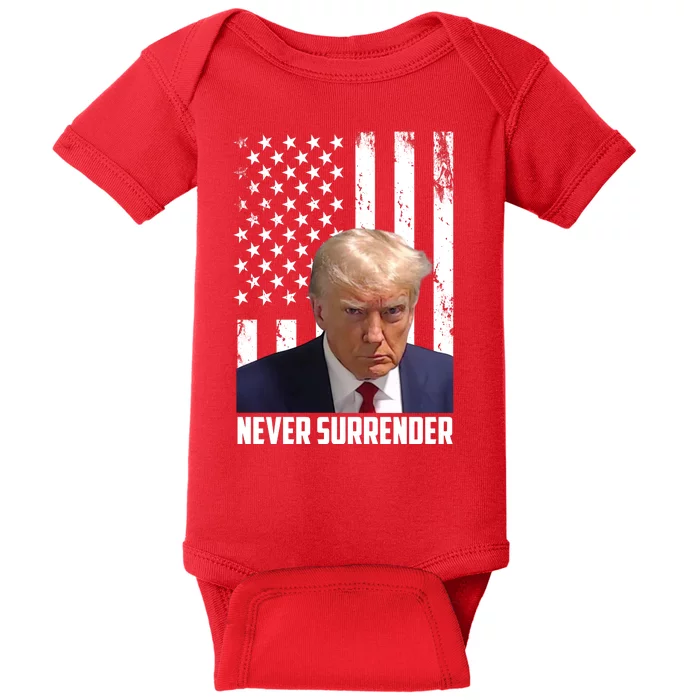 Never Surrender Donald Trump American Flag Mugshot Baby Bodysuit