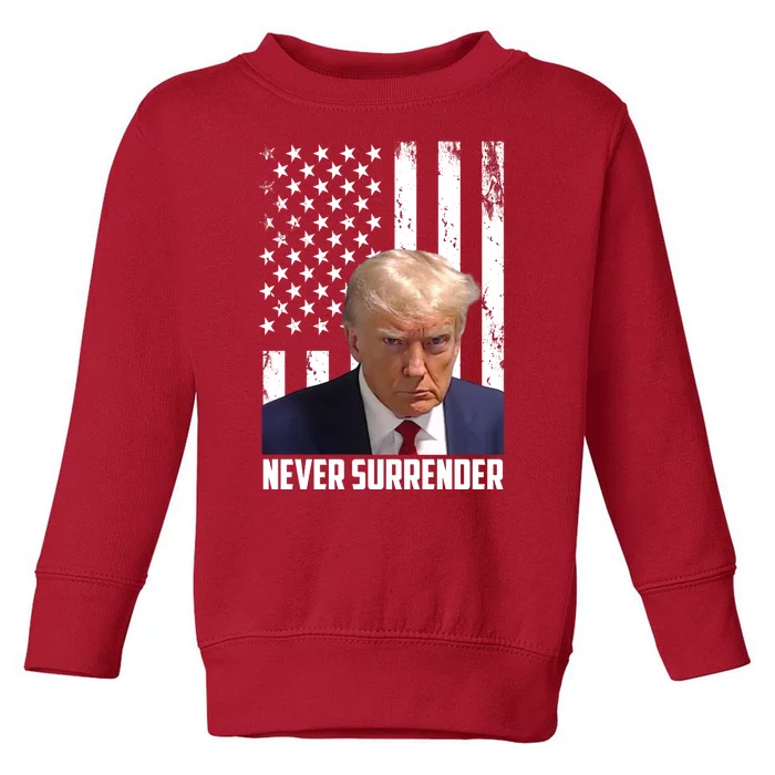 Never Surrender Donald Trump American Flag Mugshot Toddler Sweatshirt