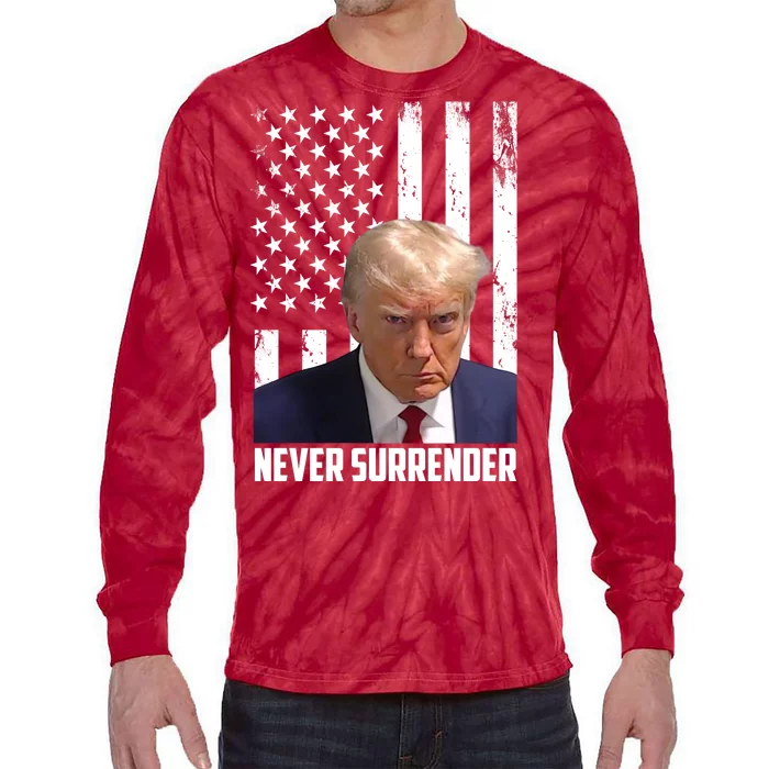 Never Surrender Donald Trump American Flag Mugshot Tie-Dye Long Sleeve Shirt