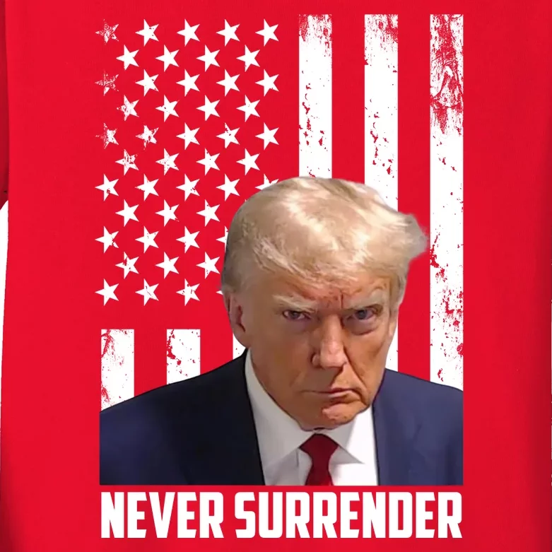 Never Surrender Donald Trump American Flag Mugshot Kids Long Sleeve Shirt