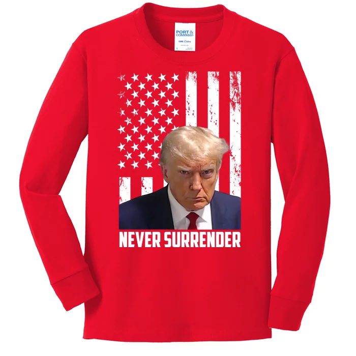 Never Surrender Donald Trump American Flag Mugshot Kids Long Sleeve Shirt