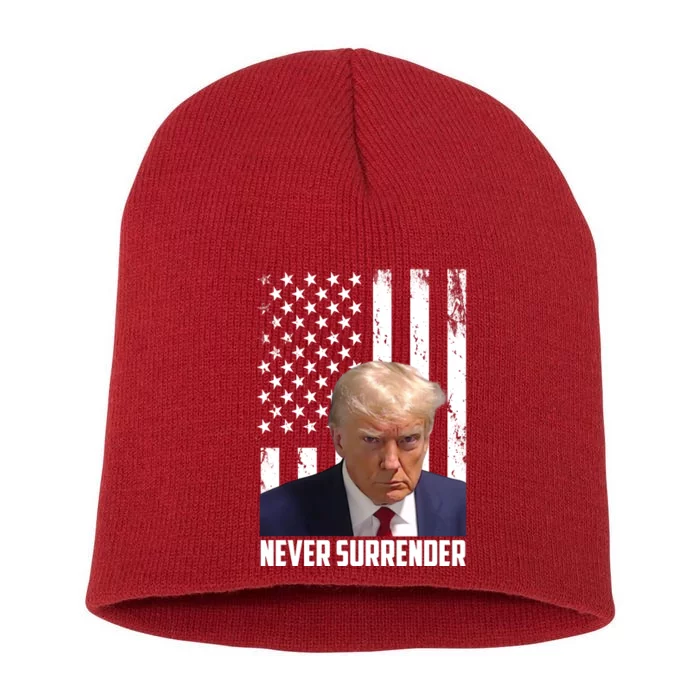 Never Surrender Donald Trump American Flag Mugshot Short Acrylic Beanie