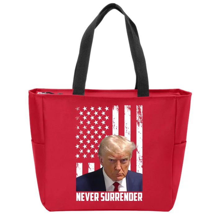 Never Surrender Donald Trump American Flag Mugshot Zip Tote Bag