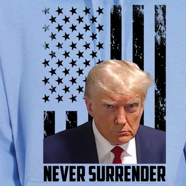 Never Surrender Donald Trump American Flag Mugshot Unisex Surf Hoodie