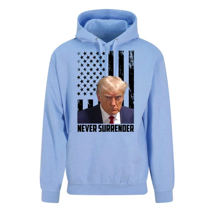 Never Surrender Donald Trump American Flag Mugshot Unisex Surf Hoodie