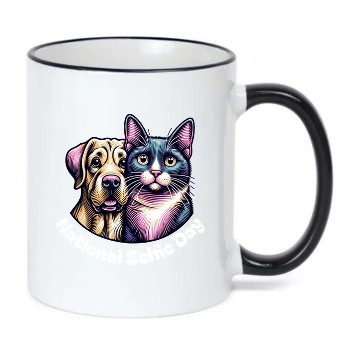 National Selfie Day Cat And Dog Ready For Selfie Together Gift Black Color Changing Mug