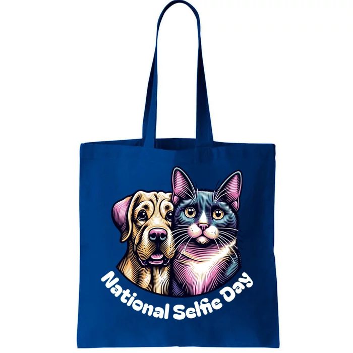 National Selfie Day Cat And Dog Ready For Selfie Together Gift Tote Bag