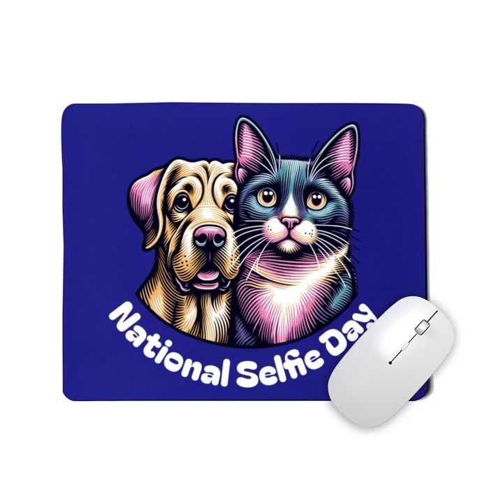 National Selfie Day Cat And Dog Ready For Selfie Together Gift Mousepad