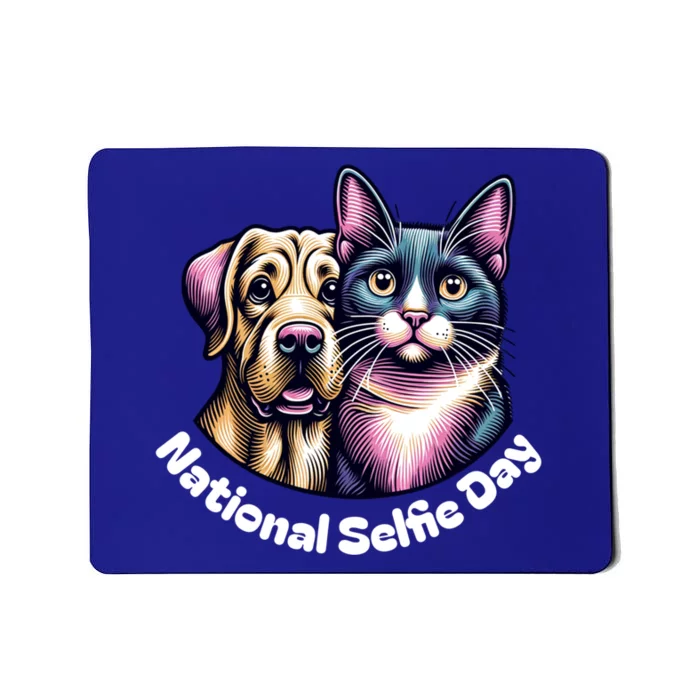 National Selfie Day Cat And Dog Ready For Selfie Together Gift Mousepad