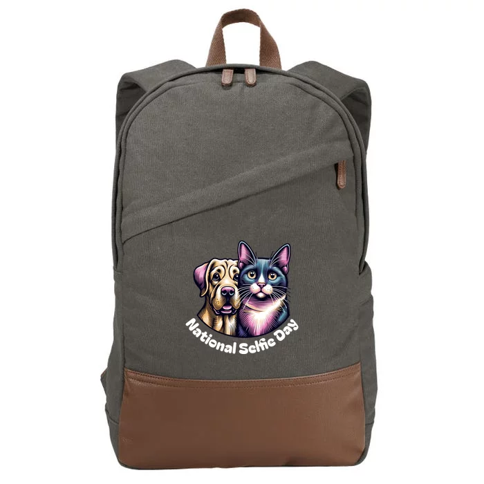 National Selfie Day Cat And Dog Ready For Selfie Together Gift Cotton Canvas Backpack