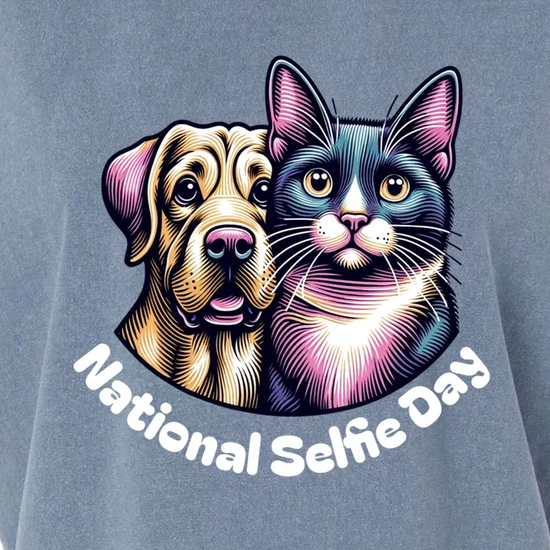 National Selfie Day Cat And Dog Ready For Selfie Together Gift Garment-Dyed Women's Muscle Tee