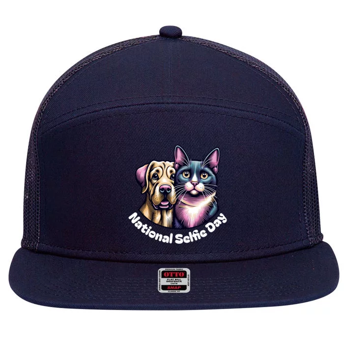 National Selfie Day Cat And Dog Ready For Selfie Together Gift 7 Panel Mesh Trucker Snapback Hat