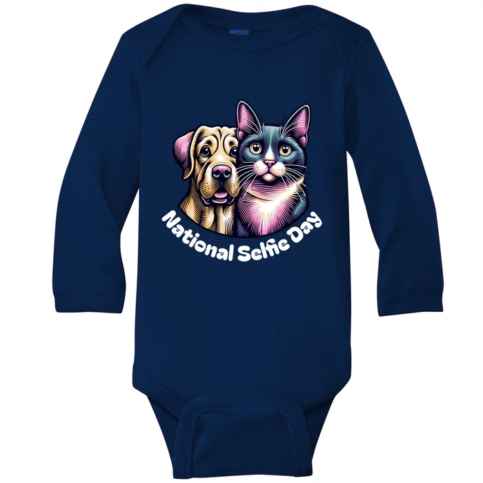 National Selfie Day Cat And Dog Ready For Selfie Together Gift Baby Long Sleeve Bodysuit