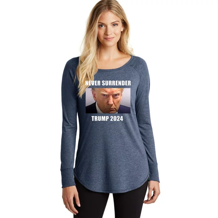 Never Surrender Donald Trump For President 2024 Mugshot Women's Perfect Tri Tunic Long Sleeve Shirt