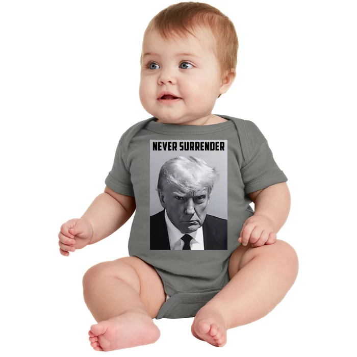 Never Surrender Donald Trump Mugshot Baby Bodysuit