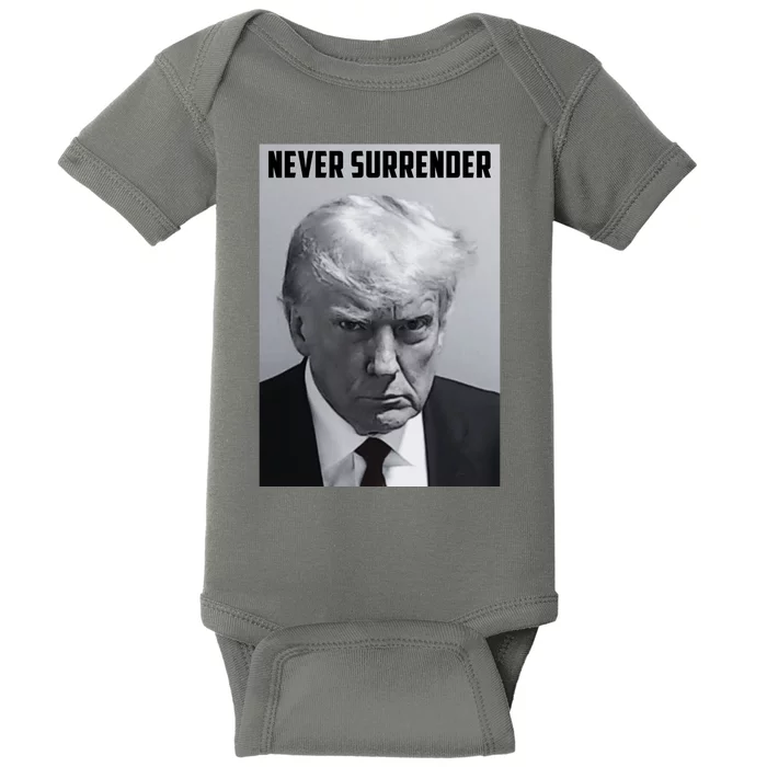 Never Surrender Donald Trump Mugshot Baby Bodysuit