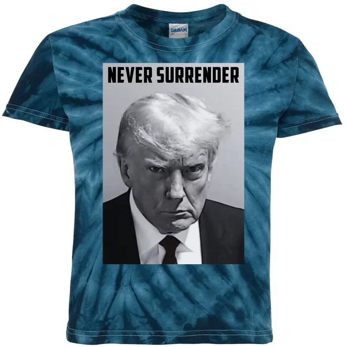 Never Surrender Donald Trump Mugshot Kids Tie-Dye T-Shirt