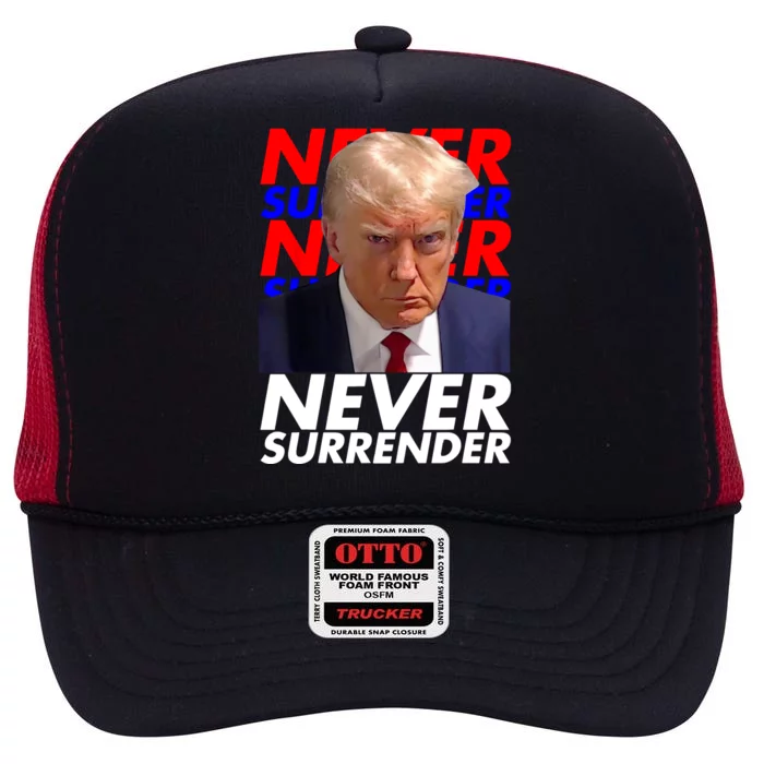 Never Surrender Fingerprint USA President Donald Trump 2024 Gift High Crown Mesh Trucker Hat