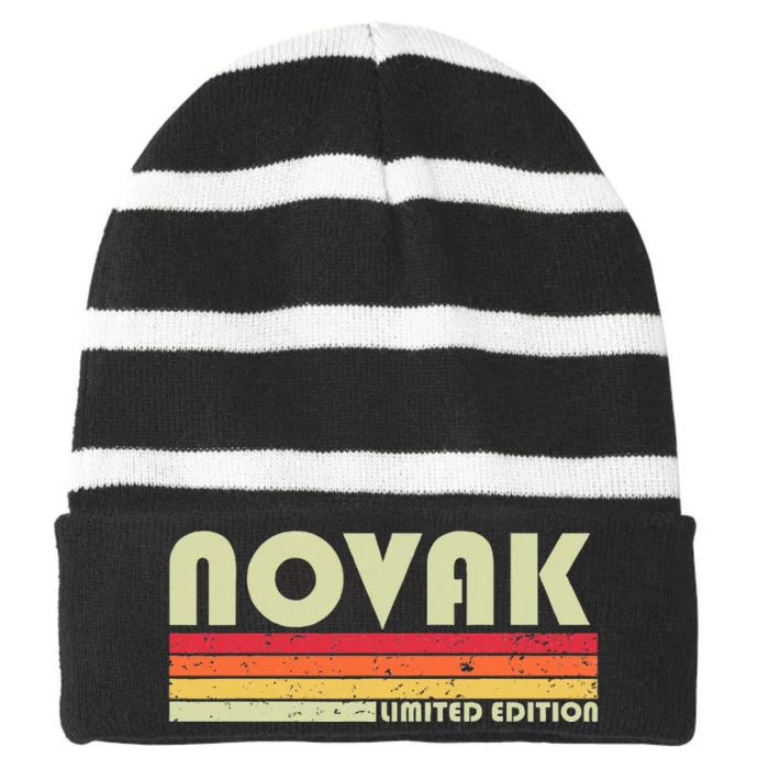 Novak Surname Funny Retro Vintage 80s 90s Birthday Reunion Striped Beanie with Solid Band