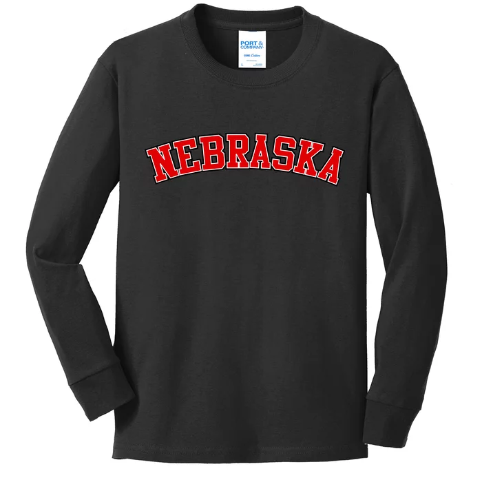 Nebraska Sports Fan Word Logo Football Kids Long Sleeve Shirt