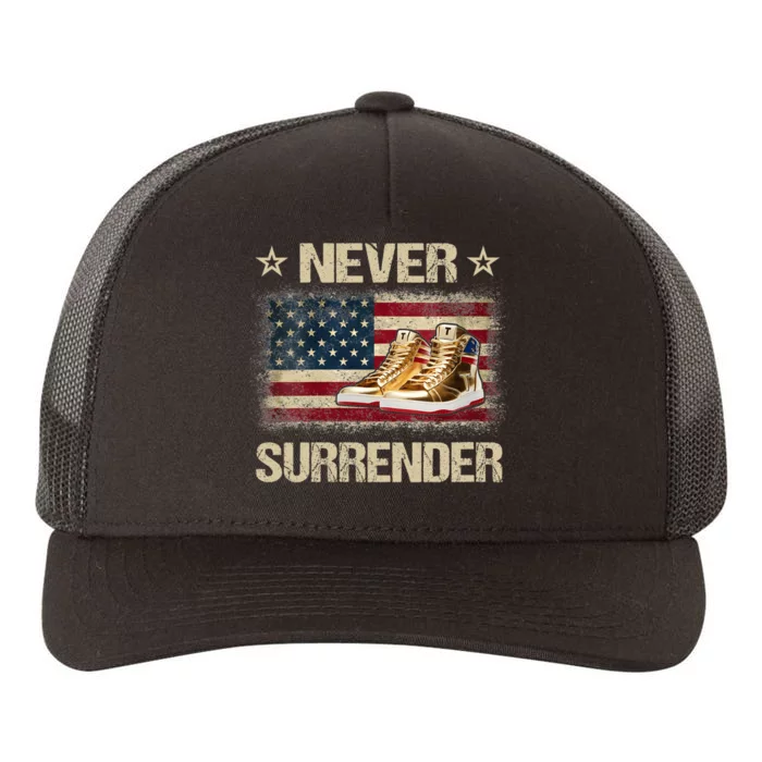 Never Surrender Gold Sneakers Pro Trump 2024 Yupoong Adult 5-Panel Trucker Hat