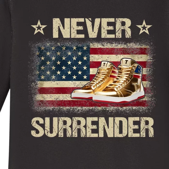 Never Surrender Gold Sneakers Pro Trump 2024 Baby Long Sleeve Bodysuit