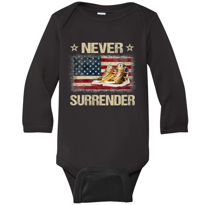 Never Surrender Gold Sneakers Pro Trump 2024 Baby Long Sleeve Bodysuit