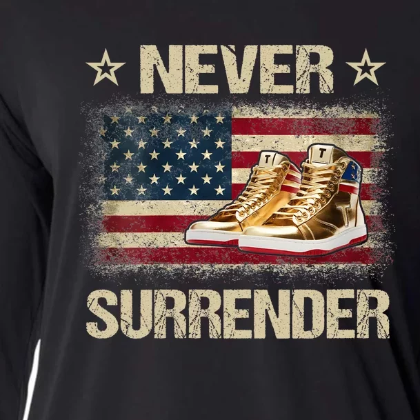 Never Surrender Gold Sneakers Pro Trump 2024 Cooling Performance Long Sleeve Crew