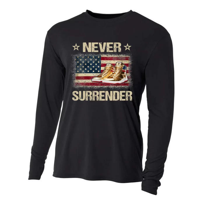 Never Surrender Gold Sneakers Pro Trump 2024 Cooling Performance Long Sleeve Crew