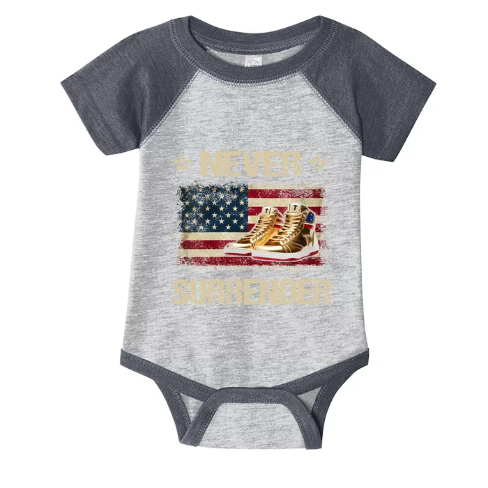 Never Surrender Gold Sneakers Pro Trump 2024 Infant Baby Jersey Bodysuit