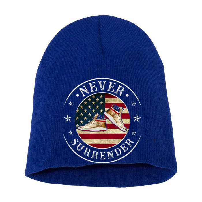 Never Surrender Gold Sneaker Donald Trump 4th Of July Gift Short Acrylic Beanie