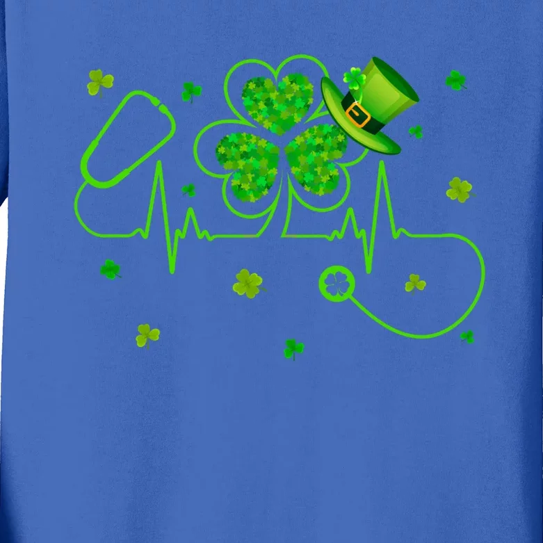 Nurse Stethoscope Heartbeat St Patricks Day Shamrock Nursing Gift Kids Long Sleeve Shirt